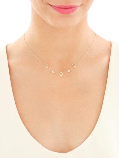 Złoty naszyjnik z perłami i cyrkonią - koniczyny