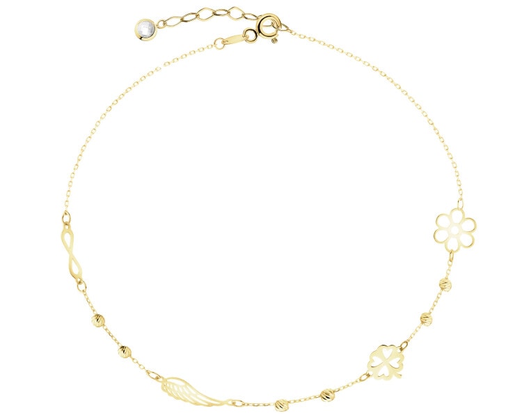Złota bransoletka z cyrkonią - kwiat, koniczyna, skrzydło, nieskończoność
