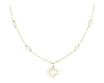 Złoty naszyjnik z perłami i cyrkonią - kwiat lotosu