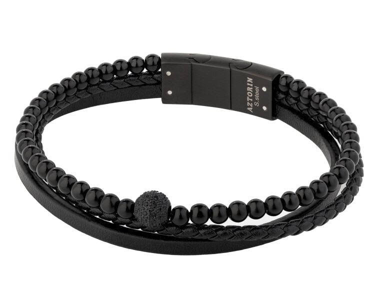 Bransoletka ze stali szlachetnej i skóry z agatami i cyrkoniami