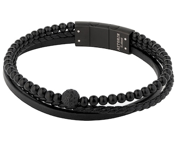 Bransoletka ze stali szlachetnej i skóry z agatami i cyrkoniami