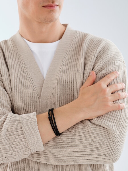 Bransoletka ze stali szlachetnej i skóry z agatami i cyrkoniami