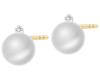 Kolczyki z żółtego złota z diamentami i perłami - próba 585