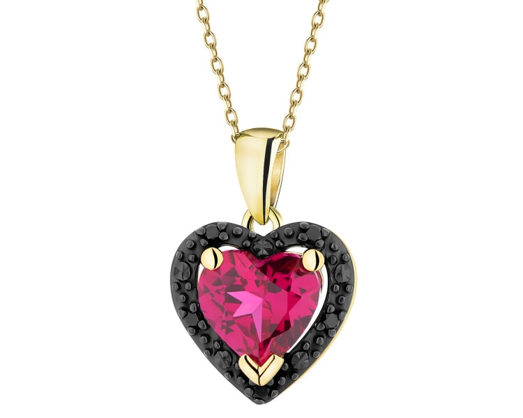 Zawieszka z żółtego złota z czarnymi brylantami i rubinem syntetycznym - serce - próba 375