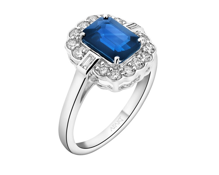 Pierścionek z białego złota z diamentami i szafirem - próba 585
