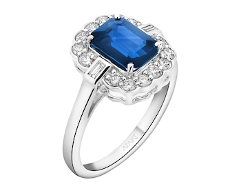 Pierścionek z białego złota z diamentami i szafirem - próba 585