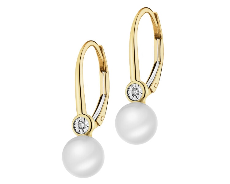 Kolczyki z żółtego złota z diamentami i perłami - próba 585