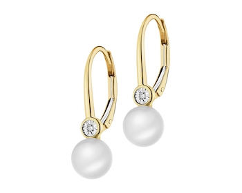 Kolczyki z żółtego złota z diamentami i perłami - próba 585