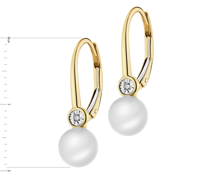 Kolczyki z żółtego złota z diamentami i perłami - próba 585