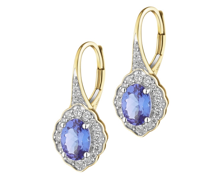 Kolczyki z żółtego złota z brylantami i tanzanitami - próba 585