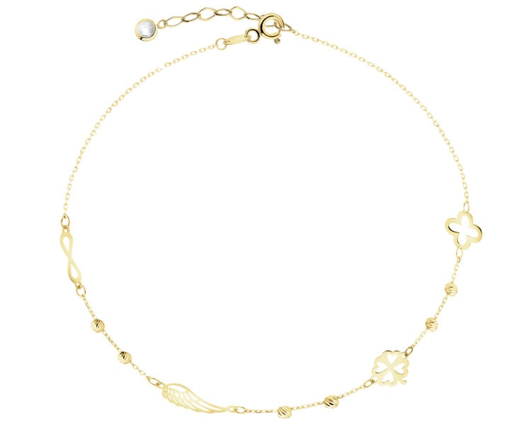 Złota bransoletka z cyrkonią - kwiat, koniczyna, skrzydło, nieskończoność