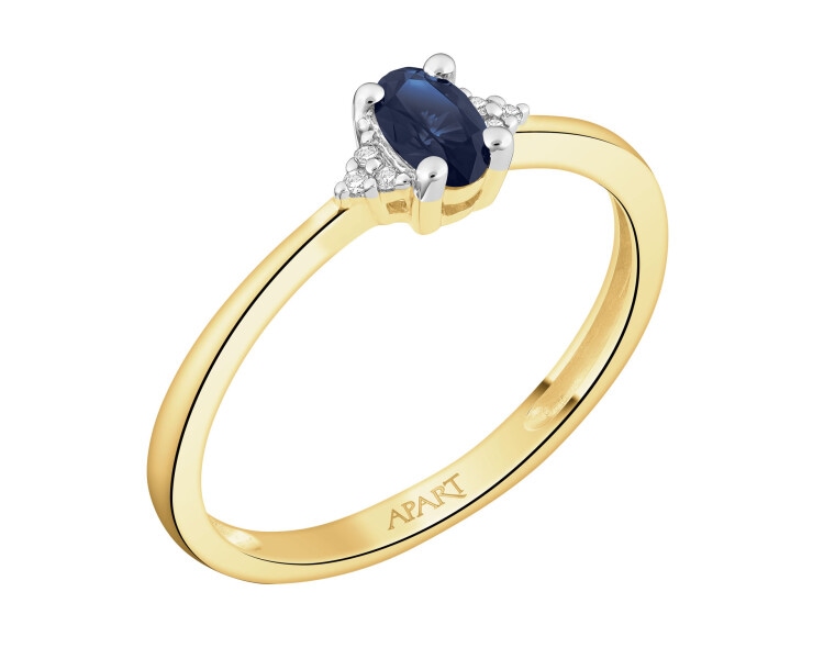 Pierścionek z żółtego złota z diamentami i szafirem - próba 585