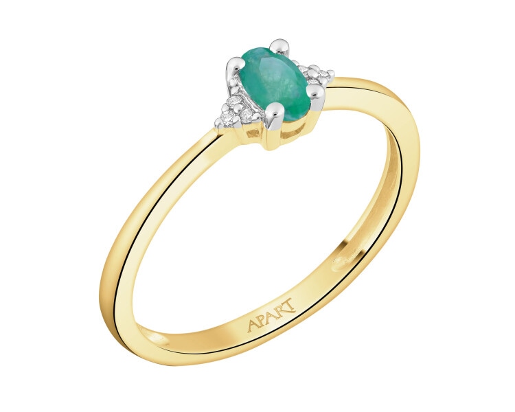 Pierścionek z żółtego złota z diamentami i szmaragdem - próba 585