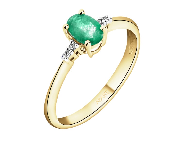 Pierścionek z żółtego złota z diamentami i szmaragdem - próba 585