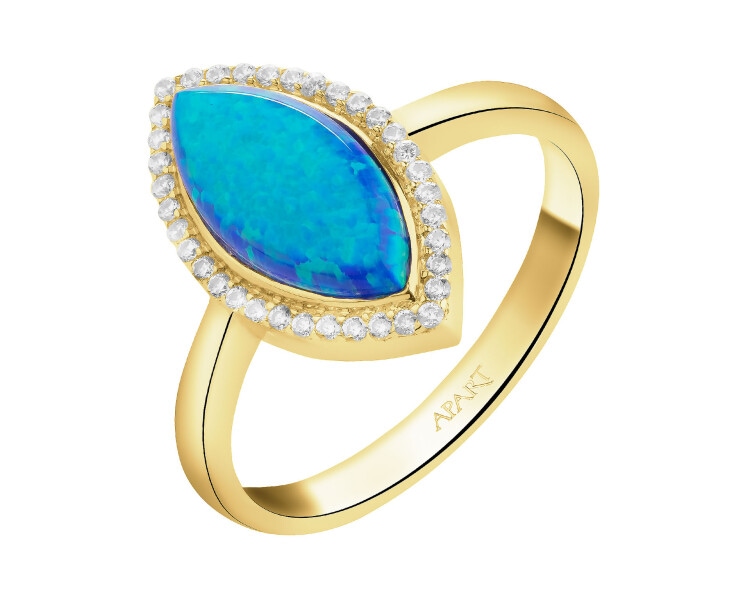 Złoty pierścionek z opalitem i cyrkoniami