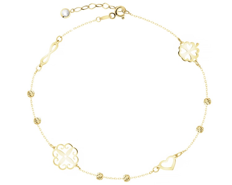 Złota bransoletka z cyrkonią - koniczyna, serce, nieskończoność