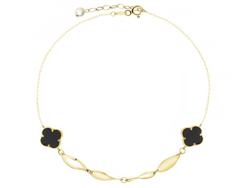 Złota bransoletka z onyksami syntetycznymi i cyrkonią - koniczyny