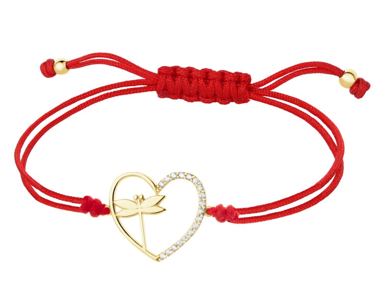 Bransoletka z cyrkoniami i elementami z żółtego złota - serce, ważka