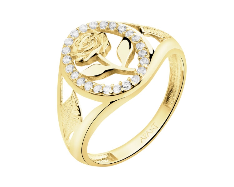 Złoty pierścionek z cyrkoniami - sygnet - róża