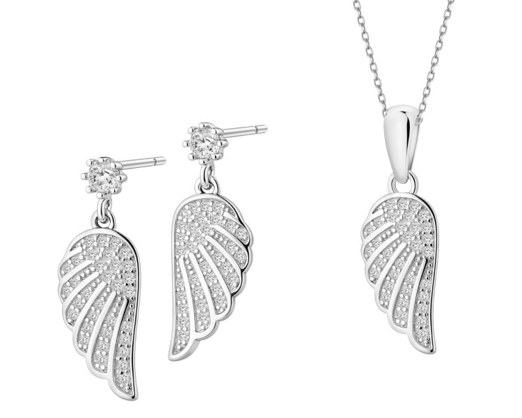 Srebrne kolczyki i zawieszka z cyrkoniami - komplet - skrzydła