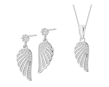 Srebrne kolczyki i zawieszka z cyrkoniami - komplet - skrzydła