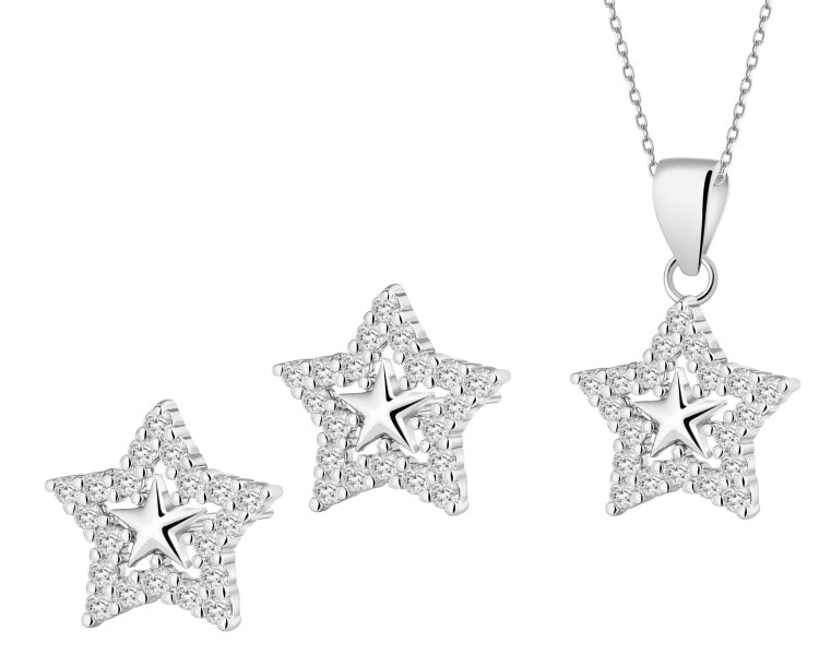 Srebrne kolczyki i zawieszka z cyrkoniami - komplet - gwiazdy