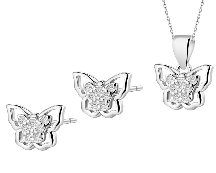 Srebrne kolczyki i zawieszka z cyrkoniami - komplet - motyle