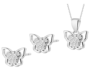 Srebrne kolczyki i zawieszka z cyrkoniami - komplet - motyle