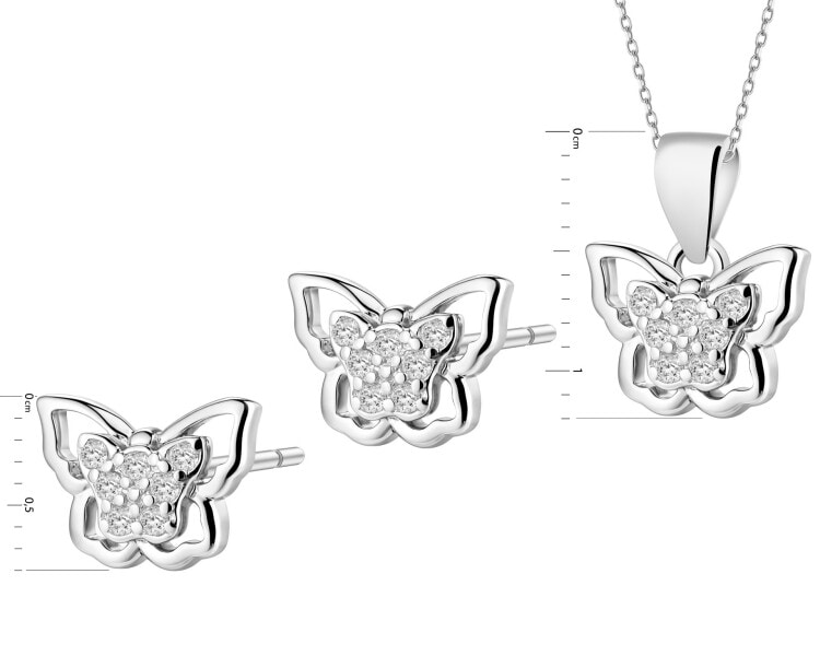 Srebrne kolczyki i zawieszka z cyrkoniami - komplet - motyle