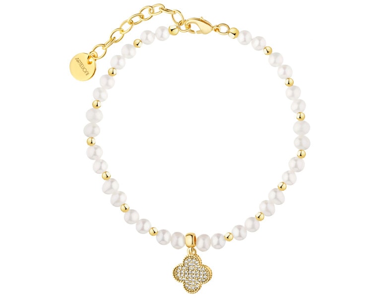 Bransoletka z mosiądzu pozłacana z perłami i cyrkoniami