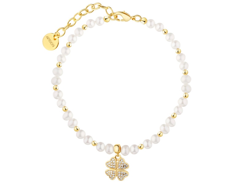 Bransoletka z mosiądzu pozłacana z perłami i cyrkoniami - koniczyna