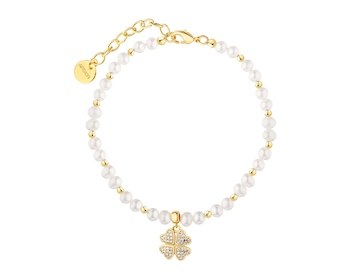 Bransoletka z mosiądzu pozłacana z perłami i cyrkoniami - koniczyna