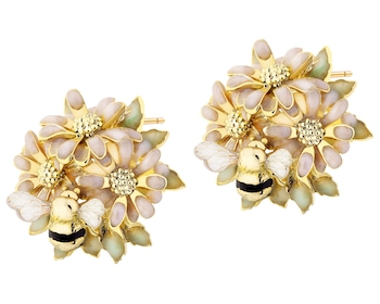 Kolczyki z mosiądzu pozłacane z detalami z masy żywicznej - kwiaty, pszczółka