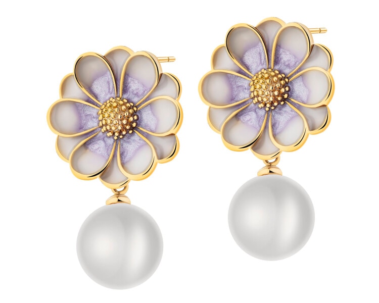 Kolczyki z mosiądzu pozłacane z detalami z masy żywicznej i perłami - kwiaty
