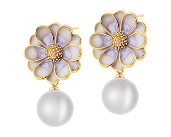 Kolczyki z mosiądzu pozłacane z detalami z masy żywicznej i perłami - kwiaty