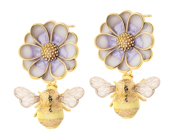 Kolczyki z mosiądzu pozłacane z detalami z masy żywicznej - kwiaty, pszczółka
