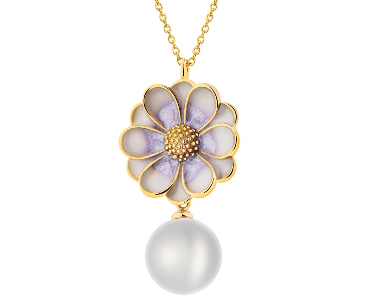 Naszyjnik z mosiądzu pozłacany z detalami z masy żywicznej i perłą - kwiat