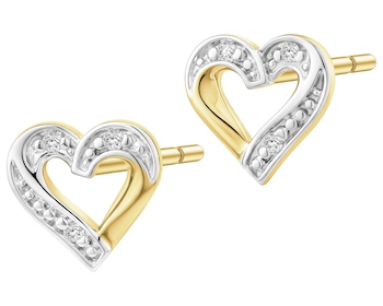 Kolczyki z żółtego złota z diamentami - serca - 0,01 ct - próba 375