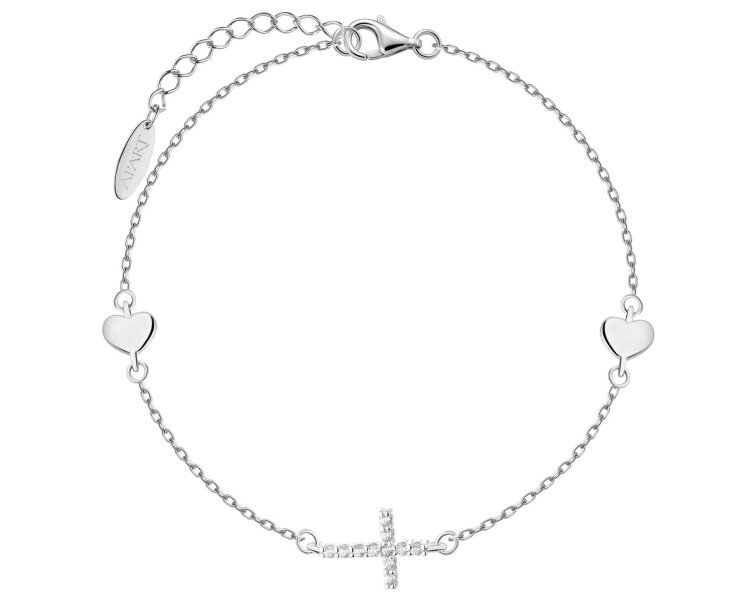 Bransoletka srebrna z cyrkoniami - krzyż, serca