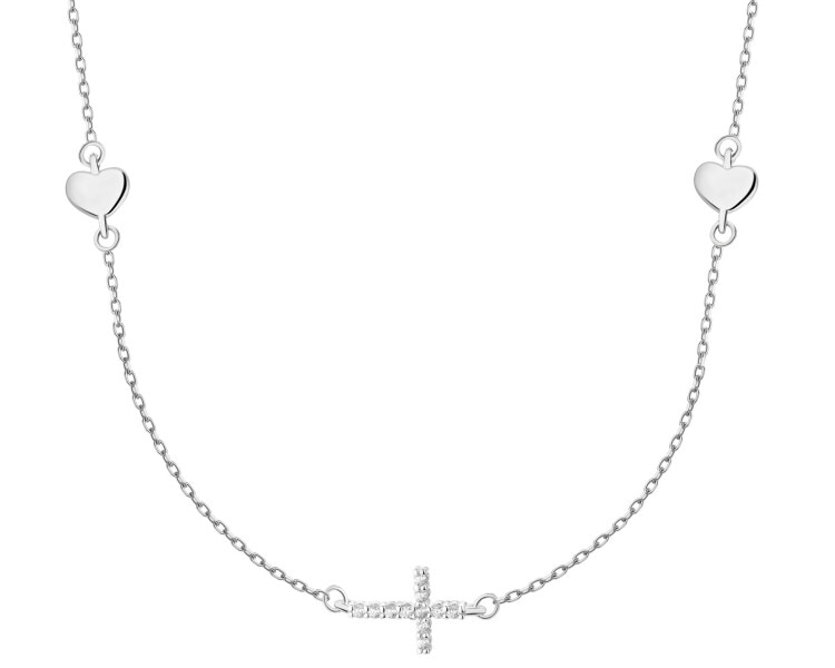 Naszyjnik srebrny z cyrkoniami - krzyż, serca