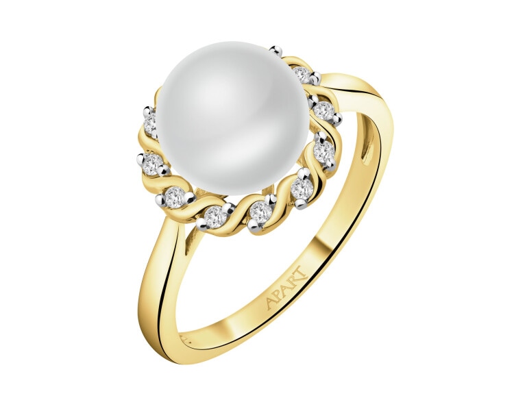 Pierścionek z żółtego złota z brylantami i perłą - próba 585