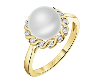 Pierścionek z żółtego złota z brylantami i perłą - próba 585