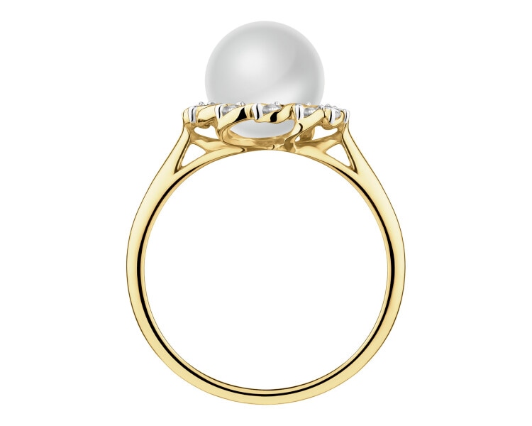 Pierścionek z żółtego złota z brylantami i perłą - próba 585