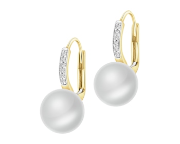 Kolczyki z żółtego złota z brylantami i perłami - próba 585