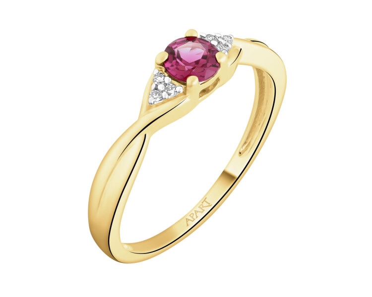 Pierścionek z żółtego złota z diamentami i rodolitem - próba 585