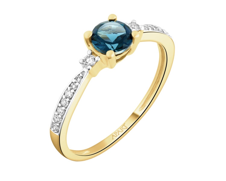 Pierścionek z żółtego złota z diamentami i Topazem London Blue - próba 585