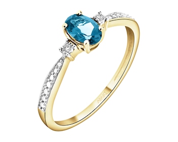 Pierścionek z żółtego złota z diamentami i Topazem London Blue - próba 375
