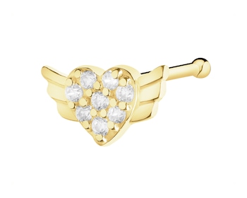 Pojedynczy złoty kolczyk z cyrkoniami do nosa - serce, skrzydła