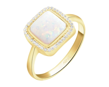 Złoty pierścionek z opalitem i cyrkoniami