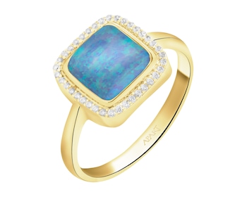 Złoty pierścionek z opalitem i cyrkoniami
